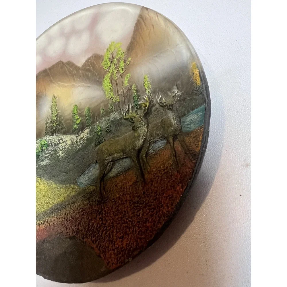 Vintage 3D Relief Deer Mountain Landscape Decorative Plate‎ Rustic Cabin Decor